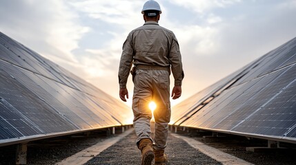 A technician walking between solar panels during sunset, showcasing dedication to renewable energy and sustainability.
