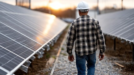 Fototapeta premium A worker inspects solar panels at sunset, showcasing renewable energy use in a sustainable future.