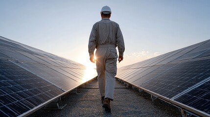 A technician walks between solar panels at sunset, showcasing the future of renewable energy and sustainable technology.