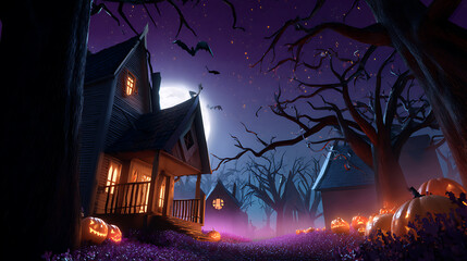 Spooky Pixel Art Halloween Night Scene with Haunted House