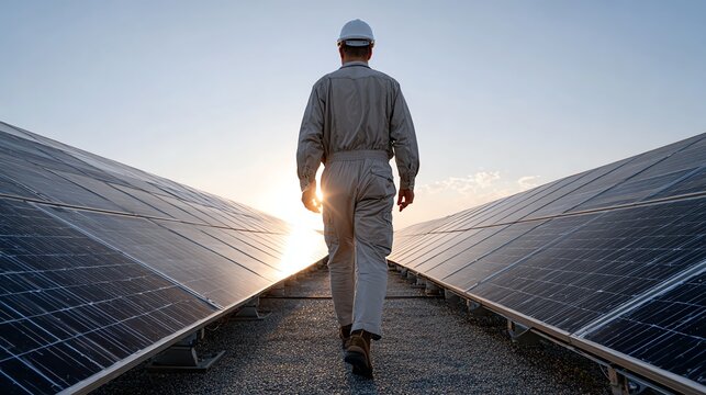 A technician walks between solar panels at sunset, showcasing the future of renewable energy and sustainable technology.