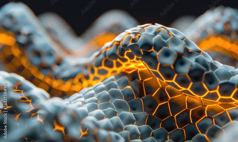 Poster abstract honeycomb patterned surface with vibrant glow and geometric design