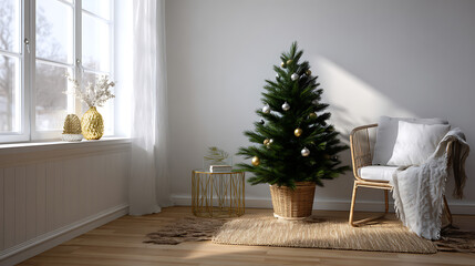 Sunlit Room with Small Christmas Tree and White Chair