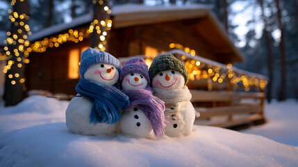 Three Adorable Snowmen in Knitted Hats Near a Cozy Illuminated Cabin
