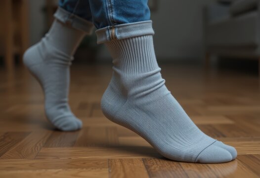 A person wearing grey ribbed tabi socks on a wooden floor