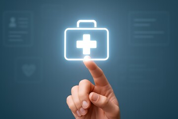 Obraz premium Finger touches glowing medical first aid kit icon on digital screen