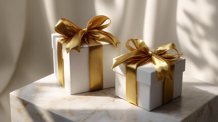 Two White Gift Boxes with Gold Ribbons on Marble Surface