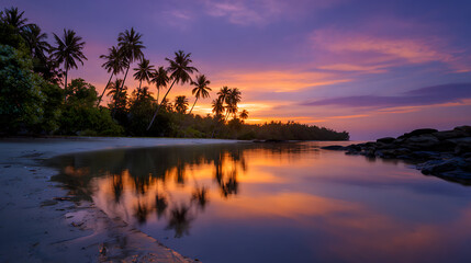 Vibrant Orange and Purple Sunset Over Tropical Beach with Palm Trees