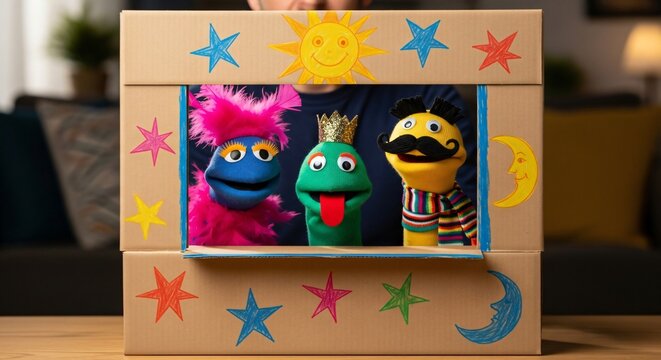 Sock Puppet Live Performance Behind Small Cardboard Puppet Stage for Playful Home Entertainment