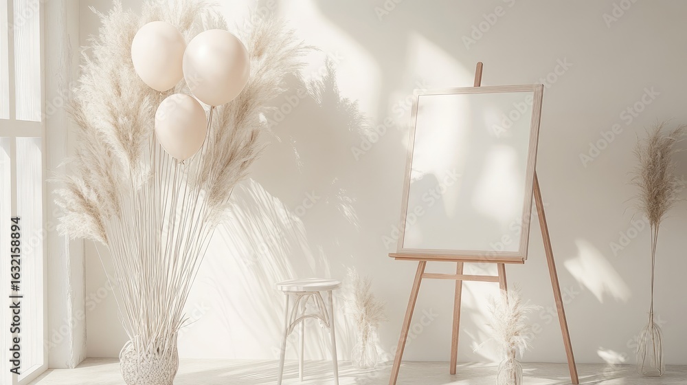 Poster minimalist studio setup with blank canvas and decorative elements