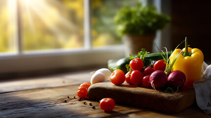 Vibrant Vegetables and Eggs on Rustic Wooden Board in Sunlit Kitchen