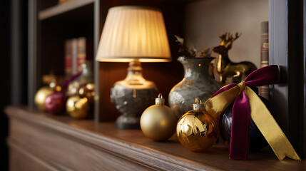 Warm Festive Christmas Decorations on Wooden Shelf