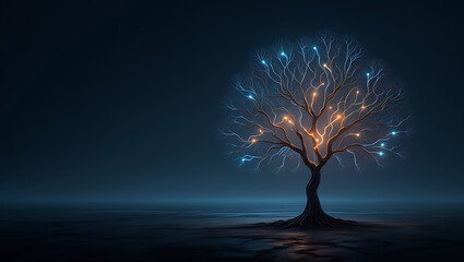 Ai generated image of a digital tree with glowing branches symbolizes the interconnectedness of technology and the growth of artificial intelligence in a dark, futuristic landscape