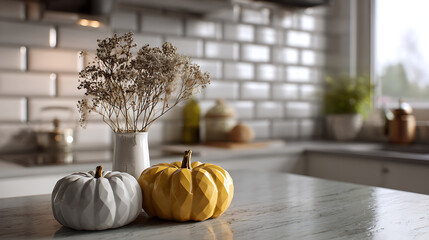 White and Yellow Geometric Pumpkins with Dried Flowers on Kitchen Counter