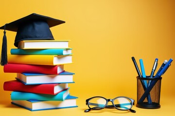 Graduation cap on books with pens and glasses on a yellow background