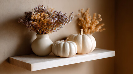 White Pumpkins and Dried Flowers on Beige Shelf