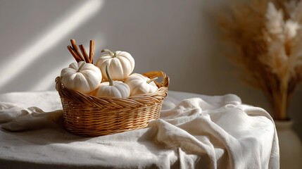 White Pumpkins in Wicker Basket with Cinnamon Sticks on Beige Tablecloth