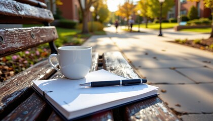 closeup of academic planner pen and coffee cup resting on outdoor bench near campus walkway during early morning study session