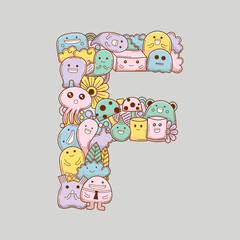 Kawaii Monster Alphabet Vector Illustration with pastel colors, cute alphabet doodles, cute alphabet design