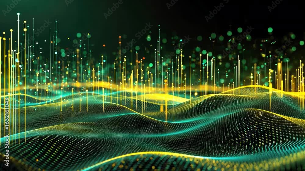 Poster vibrant abstract digital landscape glowing waves of light and color, energy and innovation in flowin