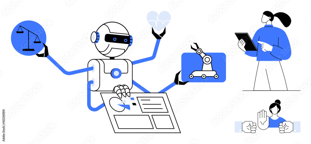 Aufkleber robot with multiple arms managing ai-driven decision tools, health data, automation, and ethical bal