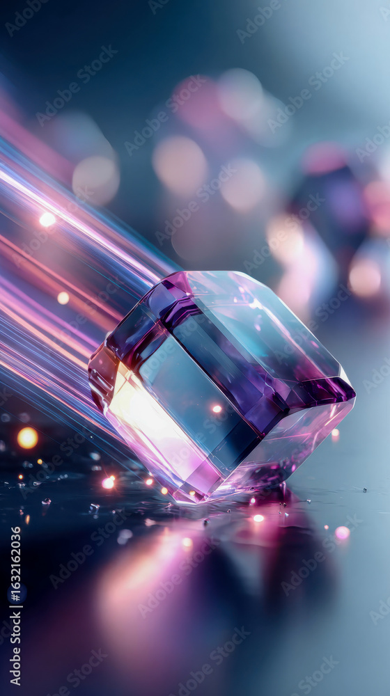 Poster a glowing, faceted purple crystal on a reflective surface with magical sparkles and soft bokeh in a 