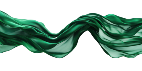 Bold emerald green fabric drifting in mid-air, its waves adding a rich, natural contrast to the simplicity of the transparent background