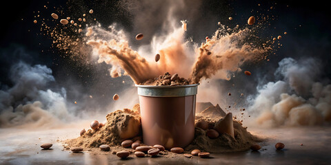 Explosion of coffee powder and beans from a container with dramatic lighting
