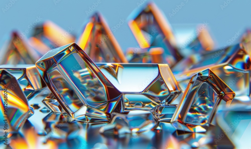 Poster angular geometric shapes with crystal transparency and iridescent reflections