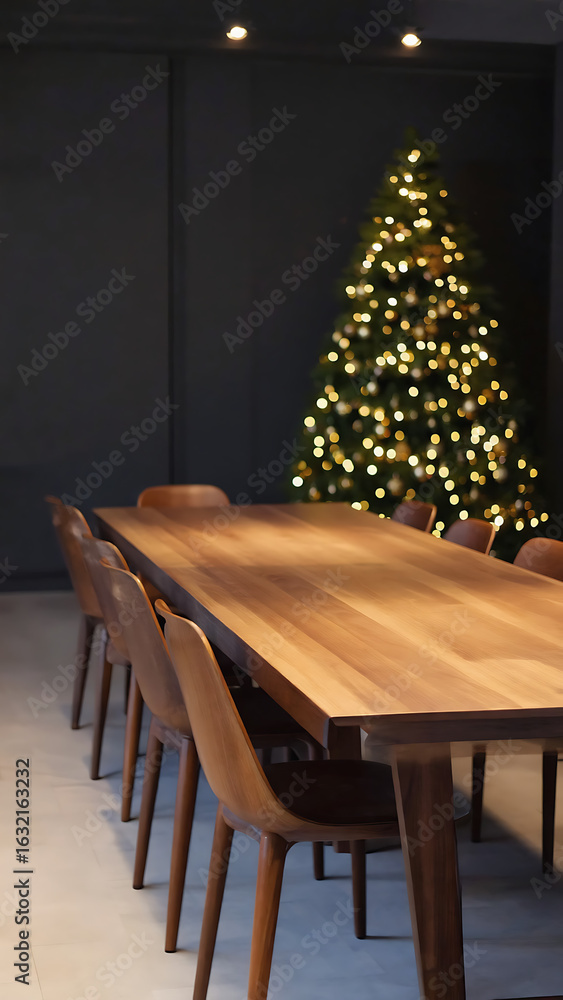 Poster empty wooden table and christmas tree with bokeh on background