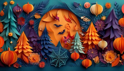A vibrant, crafted scene featuring autumn trees, pumpkins, and bats, set against a blue backdrop, showcasing intricate paper art for a whimsical fall ambiance.