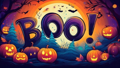 A vibrant Halloween scene featuring glowing pumpkins, a large "BOO!" text, a full moon, bats, and spooky trees, creating a festive atmosphere.