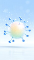 Colorful 3D illustration of a virus structure with protruding spikes, floating in a soft blue background, representing microscopic life and scientific research concepts