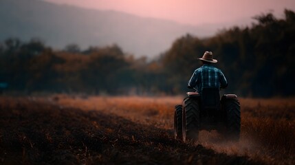 Farmer driving tractor through autumn field at dusk