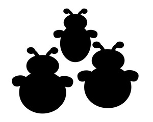 Three black silhouettes of cartoon bugs arranged on a white background