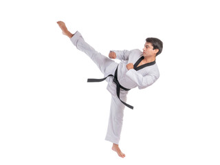 Martial artist performing high kick in traditional karate uniform isolated on a transparent...