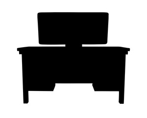 Silhouette of a computer desk with drawers and a monitor on top