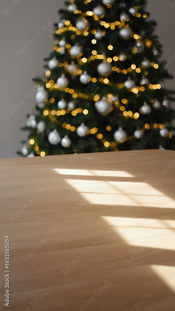 Poster empty wooden table and christmas tree with bokeh on background