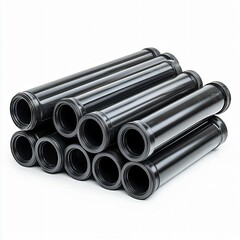 Fototapeta premium Industrial action transporting black plastic pipes warehouse product display organized environment eye-level view manufacturing concept