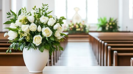 A beautiful arrangement of white roses is displayed in a white vase, set against a church interior with wooden pews, This image is ideal for events, weddings
