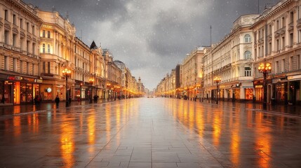 Naklejka premium A serene urban street scene under a snowfall, featuring warm reflections from street lamps on wet pavement, Ideal for illustrating themes of travel, winter ambiance, or urban life,