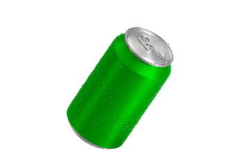 Green Aluminum soda can with water drops, transparent background