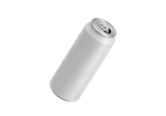 Open white Aluminum soda can with water drops, transparent background