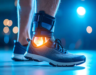 Futuristic Ankle Brace with Glowing Effects on a Person Wearing Sportswear in a Nighttime Setting