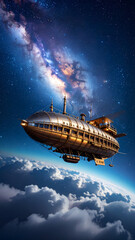 Futuristic Airship with a Steampunk Design Flying Over a Starry Night Sky