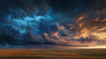 Dramatic cloudy sky over grassy plain, vibrant sunset light contrasting stormy blue clouds
