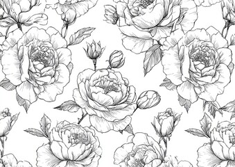 Black and white floral pattern.  Detailed line drawings of roses, buds, and leaves.  Repeating design on a white background