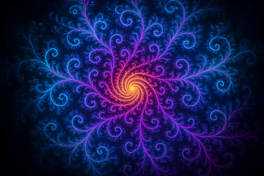 Vibrant neon fractal spiral expansion with glowing branching patterns