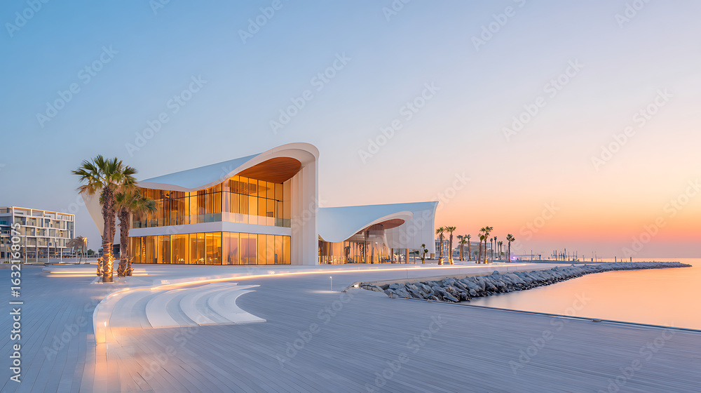 Poster modern architecture with white structures against a sky background at sunset