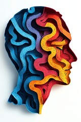 Vibrant flat art of male head silhouettes in diverse bright colors with ripped paper effect and internal maze